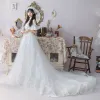 Modest / Simple White See-through Wedding Dresses 2019 A-Line / Princess Scoop Neck Short Sleeve Appliques Lace Cathedral Train Ruffle