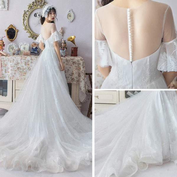 Modest / Simple White See-through Wedding Dresses 2019 A-Line / Princess Scoop Neck Short Sleeve Appliques Lace Cathedral Train Ruffle