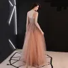 Sexy Orange Prom Dresses 2019 A-Line / Princess Off-The-Shoulder Short Sleeve Glitter Tulle Floor-Length / Long Ruffle Backless Formal Dresses