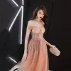 Sexy Orange Prom Dresses 2019 A-Line / Princess Off-The-Shoulder Short Sleeve Glitter Tulle Floor-Length / Long Ruffle Backless Formal Dresses