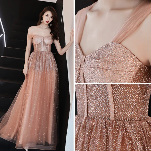 Sexy Orange Prom Dresses 2019 A-Line / Princess Off-The-Shoulder Short Sleeve Glitter Tulle Floor-Length / Long Ruffle Backless Formal Dresses