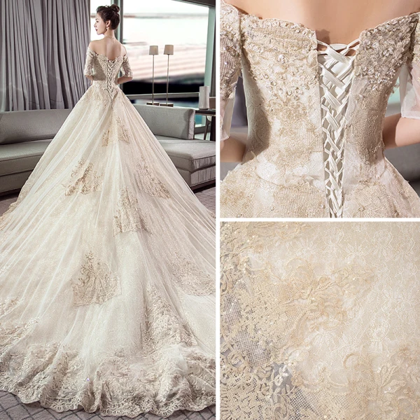 Stunning Champagne Wedding Dresses 2019 Ball Gown Off-The-Shoulder 1/2 Sleeves Backless Appliques Lace Cathedral Train Ruffle