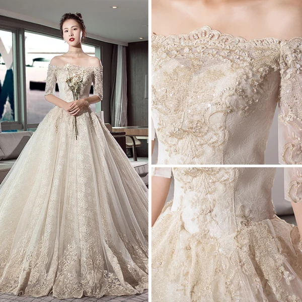Stunning Champagne Wedding Dresses 2019 Ball Gown Off-The-Shoulder 1/2 Sleeves Backless Appliques Lace Cathedral Train Ruffle