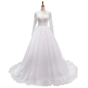 Elegant White Wedding Dresses 2018 A Line Princess Scoop Neck Long Sleeve Backless Appliques Pierced Lace Chapel Train Ruffle