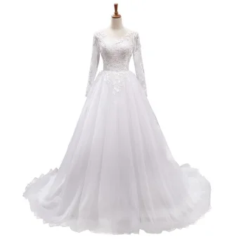 Élégant Blanche Robe De Mariée 2018 Princesse Encolure Dégagée Manches Longues Dos Nu Appliques Percé En Dentelle Chapel Train Volants