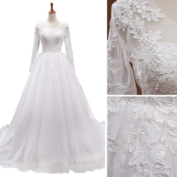 Eleganta Vita Bröllopsklänningar 2018 Prinsessa Urringning Långärmad Halterneck Appliqués Pierced Spets Chapel Train Ruffle
