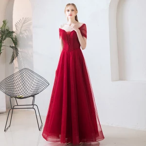 Élégant Bordeaux Robe De Bal 2019 Princesse De L Épaule Manches Courtes Perlage Longue Volants Dos Nu Robe De Ceremonie