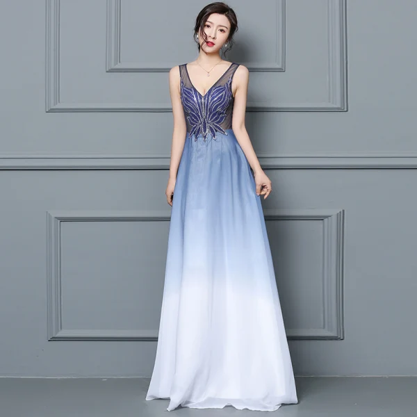 Discount Royal Blue See-through Evening Dresses 2019 A-Line / Princess V-Neck Sleeveless Beading Floor-Length / Long Ruffle Formal Dresses