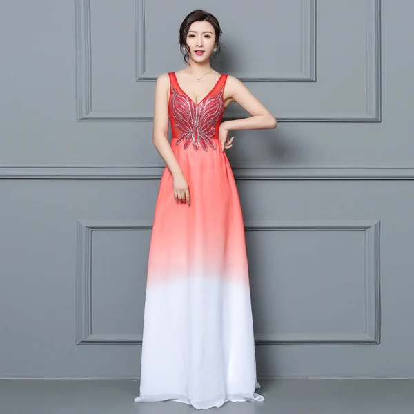 Discount Royal Blue See-through Evening Dresses 2019 A-Line / Princess V-Neck Sleeveless Beading Floor-Length / Long Ruffle Formal Dresses
