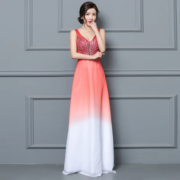 Discount Royal Blue See-through Evening Dresses 2019 A-Line / Princess V-Neck Sleeveless Beading Floor-Length / Long Ruffle Formal Dresses