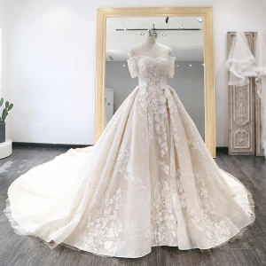 Luxe Champagne Robe De Mariée 2019 Robe Boule De L Épaule Manches Courtes Dos Nu Appliques En Dentelle Perle Faux Diamant Glitter Paillettes Cathedral Train Volants