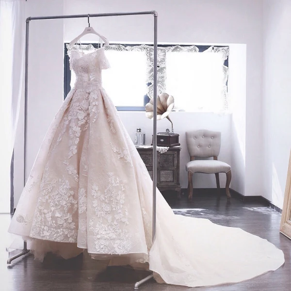 Luxury / Gorgeous Champagne Wedding Dresses 2019 Ball Gown Off-The-Shoulder Short Sleeve Backless Appliques Lace Pearl Rhinestone Glitter Sequins Cathedral Train Ruffle