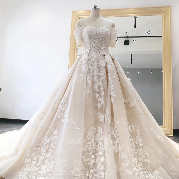 Luxury / Gorgeous Champagne Wedding Dresses 2019 Ball Gown Off-The-Shoulder Short Sleeve Backless Appliques Lace Pearl Rhinestone Glitter Sequins Cathedral Train Ruffle