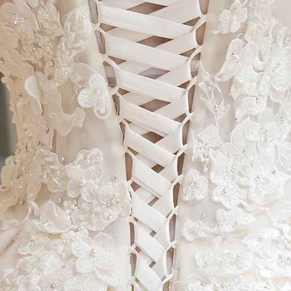 Luxury / Gorgeous Champagne Wedding Dresses 2019 Ball Gown Off-The-Shoulder Short Sleeve Backless Appliques Lace Pearl Rhinestone Glitter Sequins Cathedral Train Ruffle