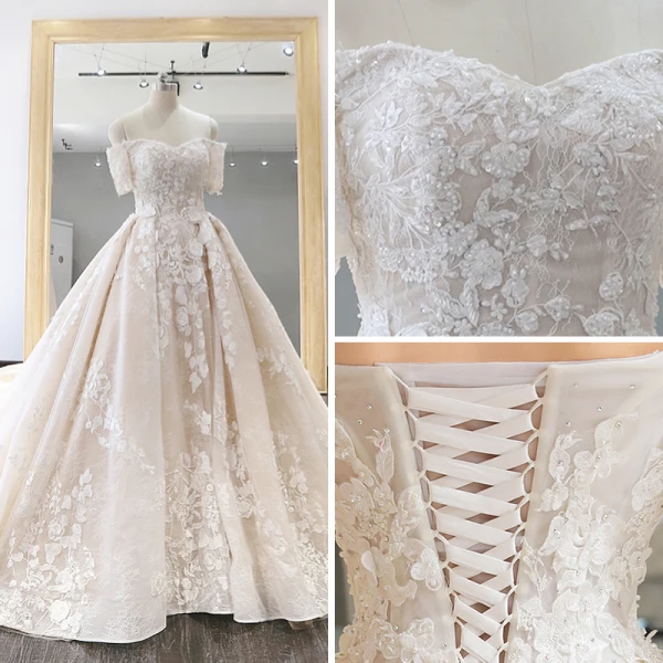 Luxury / Gorgeous Champagne Wedding Dresses 2019 Ball Gown Off-The-Shoulder Short Sleeve Backless Appliques Lace Pearl Rhinestone Glitter Sequins Cathedral Train Ruffle