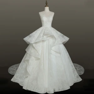 Classic Ivory See Through Wedding Dresses 2018 Ball Gown Scoop Neck Sleeveless Backless Appliques Lace Cathedral Train Ruffle