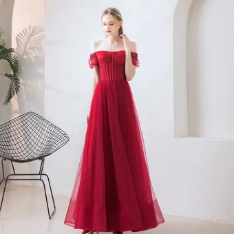 Elegant Burgundy Prom Dresses 2019 A Line Princess Off The Shoulder Puffy Short Sleeve Beading Floor Length Long Ruffle Backless Formal Dresses
