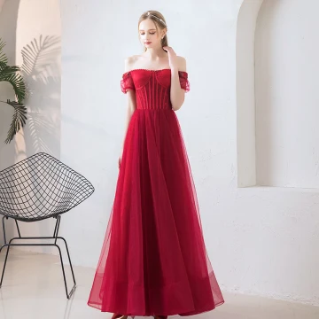 Élégant Bordeaux Robe De Bal 2019 Princesse De L Épaule Gonflée Manches Courtes Perlage Longue Volants Dos Nu Robe De Ceremonie