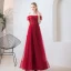 Elegant Burgundy Prom Dresses 2019 A-Line / Princess Off-The-Shoulder Puffy Short Sleeve Beading Floor-Length / Long Ruffle Backless Formal Dresses