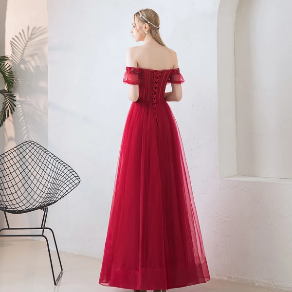 Elegant Burgundy Prom Dresses 2019 A-Line / Princess Off-The-Shoulder Puffy Short Sleeve Beading Floor-Length / Long Ruffle Backless Formal Dresses