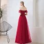Elegant Burgundy Prom Dresses 2019 A-Line / Princess Off-The-Shoulder Puffy Short Sleeve Beading Floor-Length / Long Ruffle Backless Formal Dresses