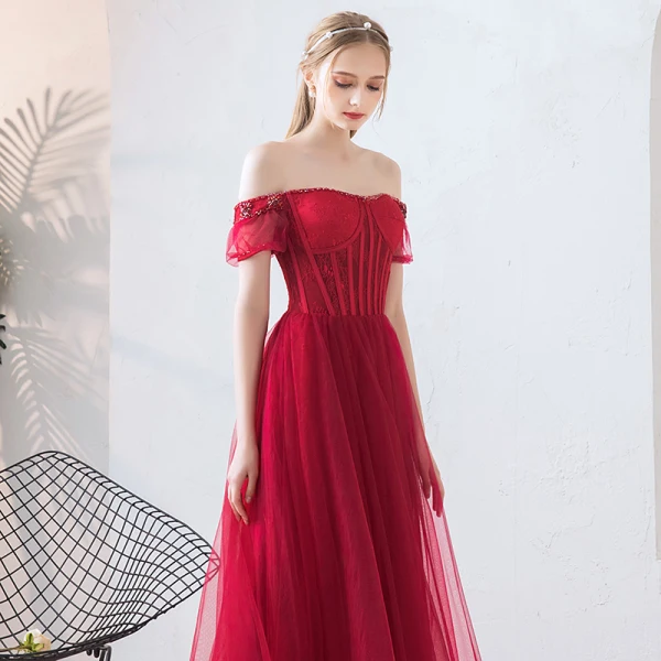 Elegant Burgundy Prom Dresses 2019 A-Line / Princess Off-The-Shoulder Puffy Short Sleeve Beading Floor-Length / Long Ruffle Backless Formal Dresses