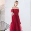 Elegant Burgundy Prom Dresses 2019 A-Line / Princess Off-The-Shoulder Puffy Short Sleeve Beading Floor-Length / Long Ruffle Backless Formal Dresses