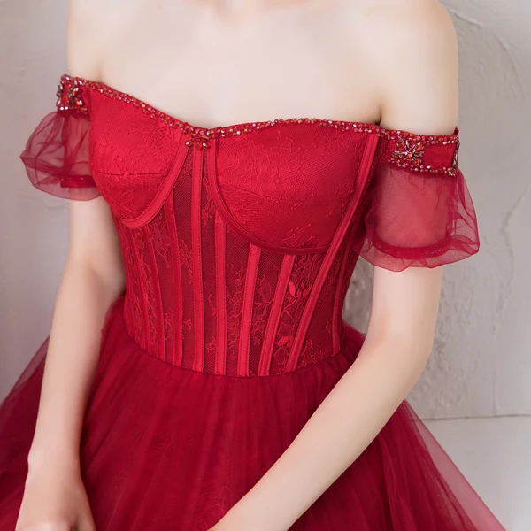 Elegant Burgundy Prom Dresses 2019 A-Line / Princess Off-The-Shoulder Puffy Short Sleeve Beading Floor-Length / Long Ruffle Backless Formal Dresses