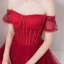 Elegant Burgundy Prom Dresses 2019 A-Line / Princess Off-The-Shoulder Puffy Short Sleeve Beading Floor-Length / Long Ruffle Backless Formal Dresses