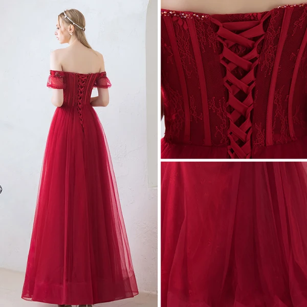Elegant Burgundy Prom Dresses 2019 A-Line / Princess Off-The-Shoulder Puffy Short Sleeve Beading Floor-Length / Long Ruffle Backless Formal Dresses