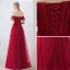 Elegant Burgundy Prom Dresses 2019 A-Line / Princess Off-The-Shoulder Puffy Short Sleeve Beading Floor-Length / Long Ruffle Backless Formal Dresses