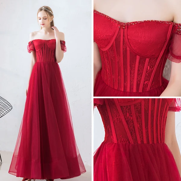Elegant Burgundy Prom Dresses 2019 A-Line / Princess Off-The-Shoulder Puffy Short Sleeve Beading Floor-Length / Long Ruffle Backless Formal Dresses