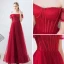 Elegant Burgundy Prom Dresses 2019 A-Line / Princess Off-The-Shoulder Puffy Short Sleeve Beading Floor-Length / Long Ruffle Backless Formal Dresses