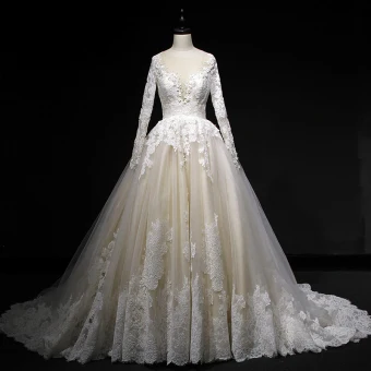 Klassieke Champagne Winter Trouwjurken 2018 Baljurk Doorzichtige Ronde Hals Lange Mouwen Ruglooze Appliques Kant Cathedral Train Ruche
