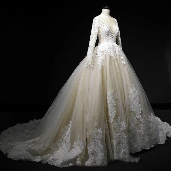 Classic Champagne Winter Wedding Dresses 2018 Ball Gown See-through Scoop Neck Long Sleeve Backless Appliques Lace Cathedral Train Ruffle