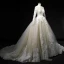 Classic Champagne Winter Wedding Dresses 2018 Ball Gown See-through Scoop Neck Long Sleeve Backless Appliques Lace Cathedral Train Ruffle