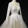 Classic Champagne Winter Wedding Dresses 2018 Ball Gown See-through Scoop Neck Long Sleeve Backless Appliques Lace Cathedral Train Ruffle