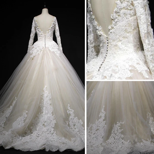 Classic Champagne Winter Wedding Dresses 2018 Ball Gown See-through Scoop Neck Long Sleeve Backless Appliques Lace Cathedral Train Ruffle