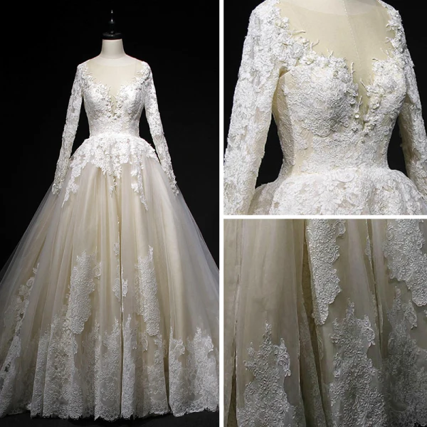 Classic Champagne Winter Wedding Dresses 2018 Ball Gown See-through Scoop Neck Long Sleeve Backless Appliques Lace Cathedral Train Ruffle