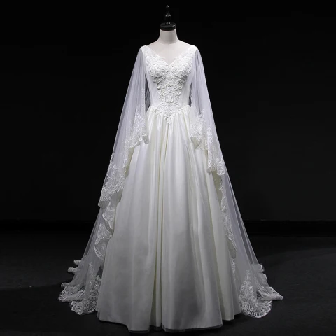 Vintage Marfil Vestidos De Novia 2019 A-Line / Princess V-Cuello Sin Mangas Sin Espalda Apliques Con Encaje Perla Rebordear Watteau Train Ruffle