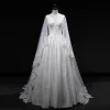 Vintage / Retro Ivory Wedding Dresses 2019 A-Line / Princess V-Neck Sleeveless Backless Appliques Lace Pearl Beading Watteau Train Ruffle