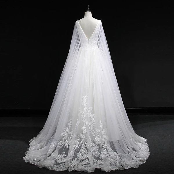 Vintage / Retro Ivory Wedding Dresses 2019 A-Line / Princess V-Neck Sleeveless Backless Appliques Lace Pearl Beading Watteau Train Ruffle