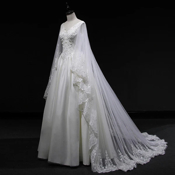 Vintage / Retro Ivory Wedding Dresses 2019 A-Line / Princess V-Neck Sleeveless Backless Appliques Lace Pearl Beading Watteau Train Ruffle