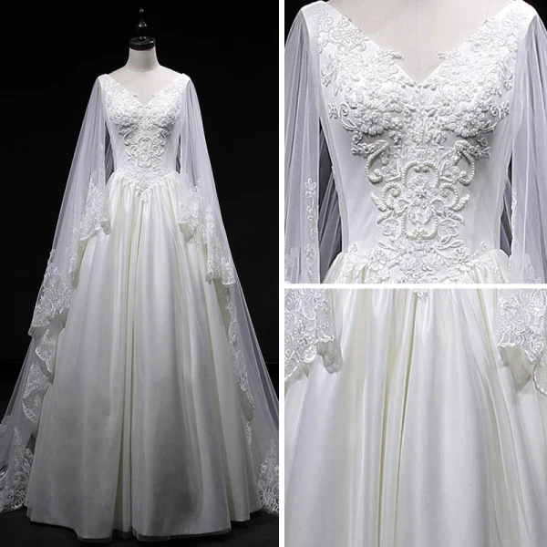 Vintage / Retro Ivory Wedding Dresses 2019 A-Line / Princess V-Neck Sleeveless Backless Appliques Lace Pearl Beading Watteau Train Ruffle