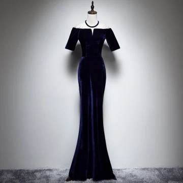 Moderne Mode Bleu Marine Daim Hiver Robe De Soirée 2018 Trompette Sirène Transparentes Encolure Dégagée Manches Courtes Faux Diamant Longue Robe De Ceremonie