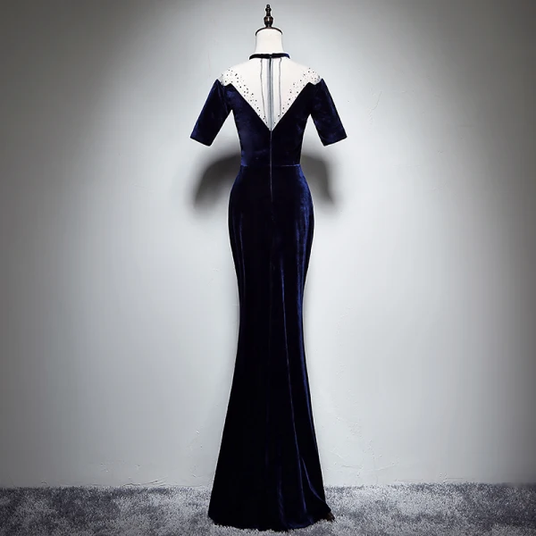 navy blue dress for baby girl Modern Fashion Navy Blue Suede Winter Evening Dresses 2018 Trumpet Mermaid  See Through Scoop Neck Short Sleeve Rhinestone Floor Length Long Formal  Dresses