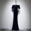 Modern / Fashion Navy Blue Suede Winter Evening Dresses  2018 Trumpet / Mermaid See-through Scoop Neck Short Sleeve Rhinestone Floor-Length / Long Formal Dresses