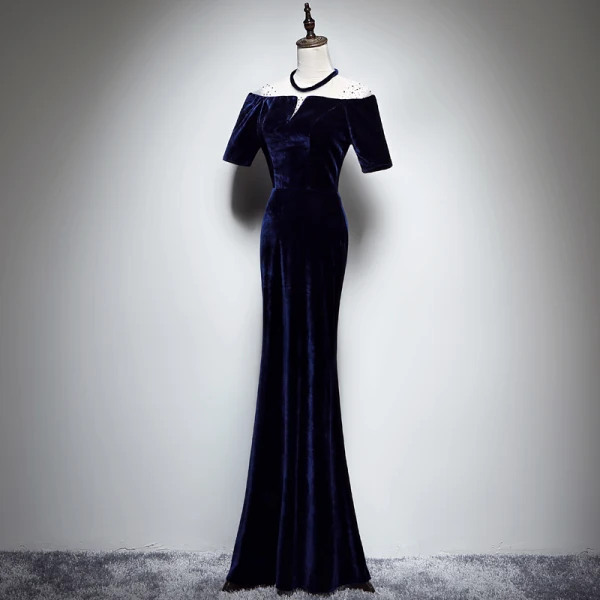Modern Fashion Navy Blue Suede Winter Evening Dresses 2018 Trumpet Mermaid  See Through Scoop Neck Short Sleeve Rhinestone Floor Length Long Formal  Dresses