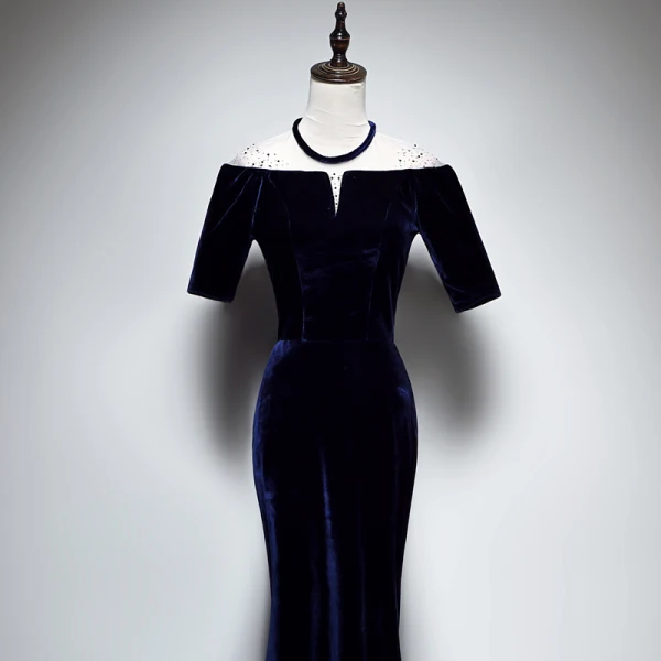 Modern / Fashion Navy Blue Suede Winter Evening Dresses 2018 Trumpet / Mermaid See-through Scoop Neck Short Sleeve Rhinestone Floor-Length / Long Formal Dresses