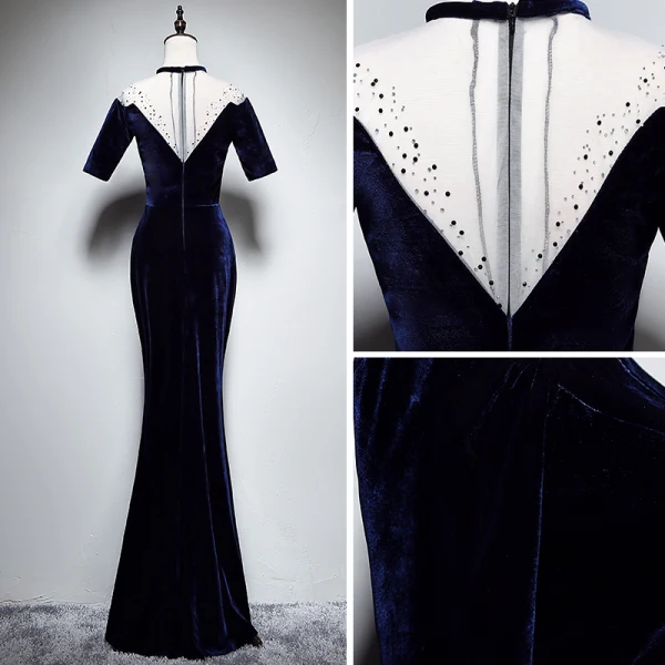 Modern / Fashion Navy Blue Suede Winter Evening Dresses 2018 Trumpet / Mermaid See-through Scoop Neck Short Sleeve Rhinestone Floor-Length / Long Formal Dresses